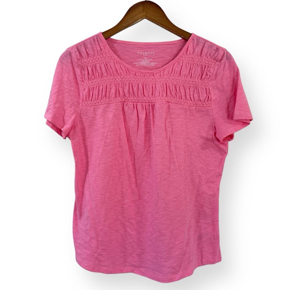 Talbots Pink Smocked Short Sleeve Top MP Cottagecore Preppy Slub Knit Tee
